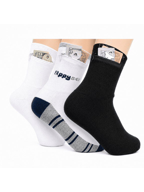 Zipper Sock Wallet (3 Pack) - Cotton & Polyester Zipper Socks with Pockets - Fits shoe size 6-13 - Black, White, Grey