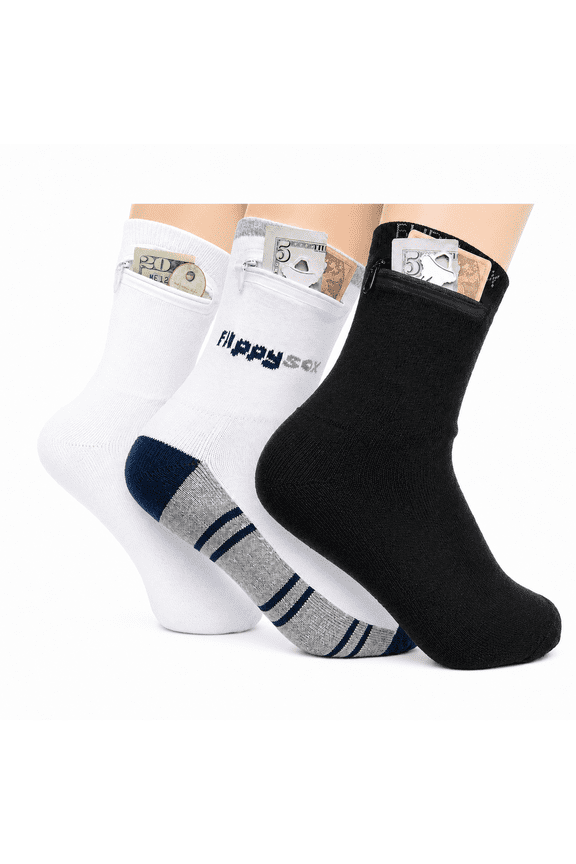 Zipper Sock Wallet (3 Pack) - Cotton & Polyester Zipper Socks with Pockets - Fits shoe size 6-13 - Black, White, Grey