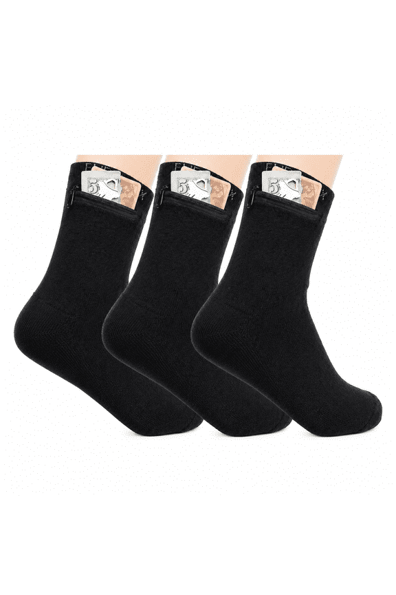 Zipper Sock Wallet (3 Pack) - Cotton & Polyester Zipper Socks with Pockets - Fits shoe size 6-13 - Black