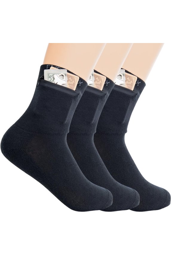 Zipper Sock Wallet (3 Pack) - Cotton & Polyester Zipper Socks with Pockets - Fits shoe size 6-13 - Black