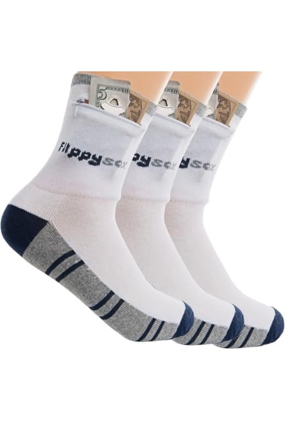 Zipper Sock Wallet (3 Pack) - Cotton & Polyester Zipper Socks with Pockets - Fits shoe size 6-13 - Blue/Grey