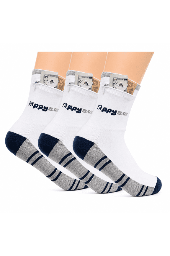 Zipper Sock Wallet (3 Pack) - Cotton & Polyester Zipper Socks with Pockets - Fits shoe size 6-13 - Blue/Grey