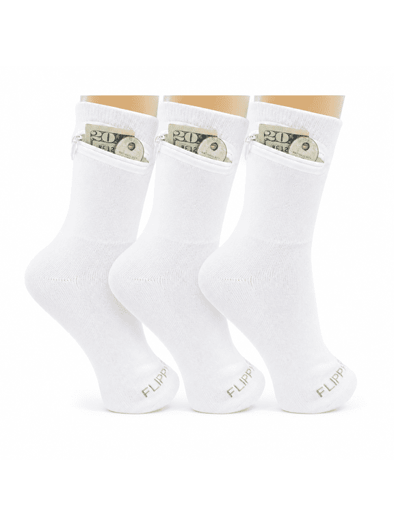 Zipper Sock Wallet (3 Pack) - Cotton & Polyester Zipper Socks with Pockets - Fits shoe size 6-13 - White