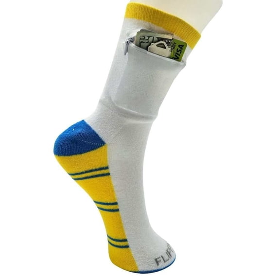 Flippysox Zipper Sock Wallet (Striped Yellow Blue, Womens/Mens/Kids, One Size Fits Most)