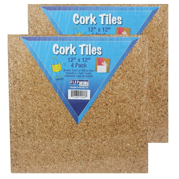 Flipside Natural Cork Tiles 12" x 12" Natural Color 4 Per Pack 2 Packs FLP10058-2