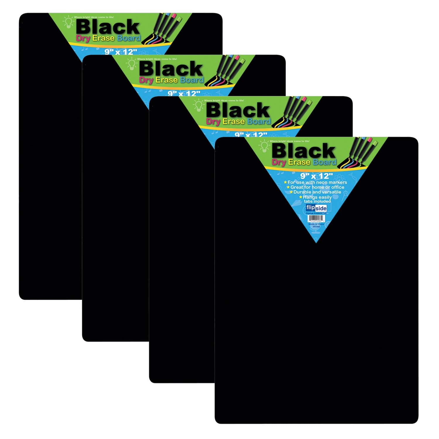 Flipside Products Black Dry Erase Boards, 9" x 12", Pack of 4