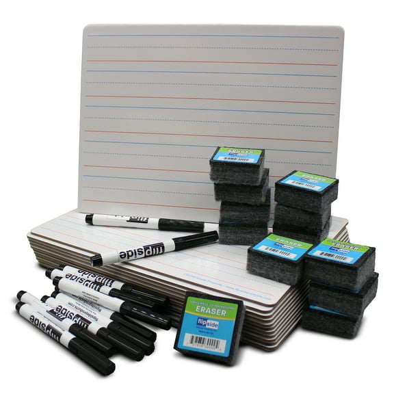 Flipside Products Double-Sided Magnetic Red & Blue Ruled Dry Erase Board 9" x 12" + Erasers + Black Markers, Class Pack of 12