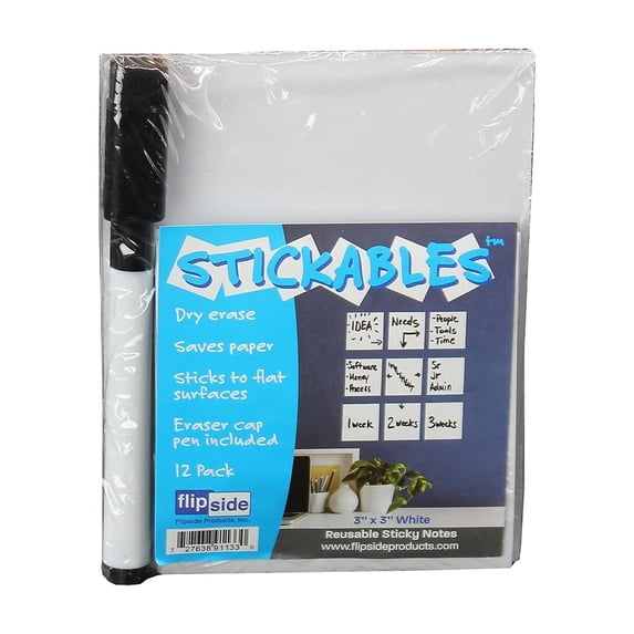 Flipside Products Dry Erase Stickables with Dry Erase Marker, White, 3" x 3", 12 Per Pack, 2 Packs