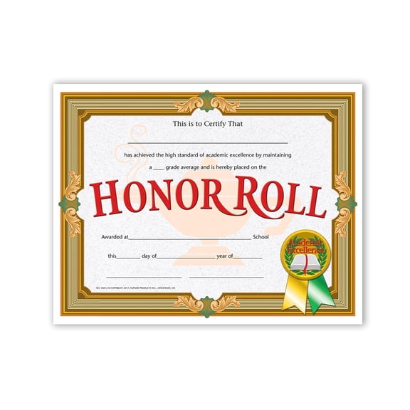 Flipside Products Honor Roll Certificate, Recognition, Award Students, Incentive, 8.5" x 11", 30 Pack
