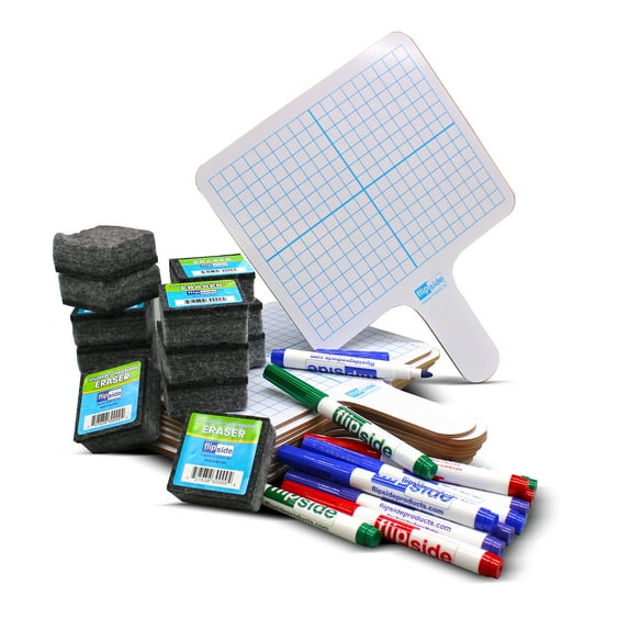 Flipside Products Rectangular Graph Double Sided Dry Erase Answer Paddle, Colored Pens, Erasers, Class Pack of 12