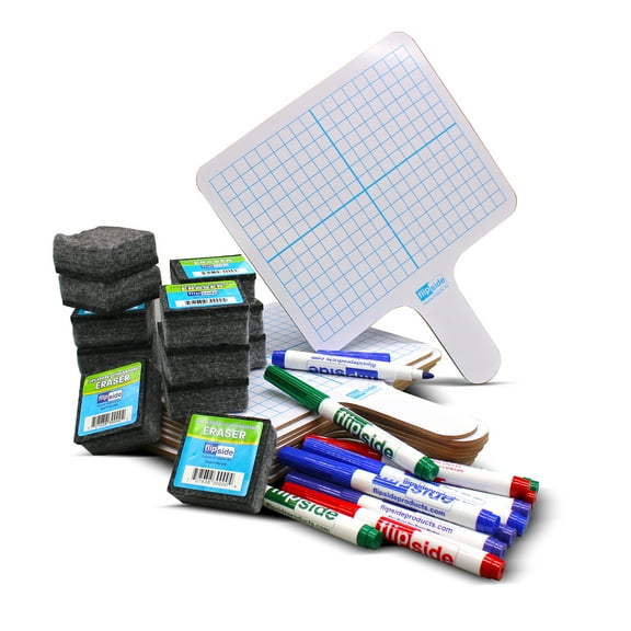 Flipside Products Rectangular Graph Double Sided Dry Erase Answer Paddle, Colored Pens, Erasers, Class Pack of 12