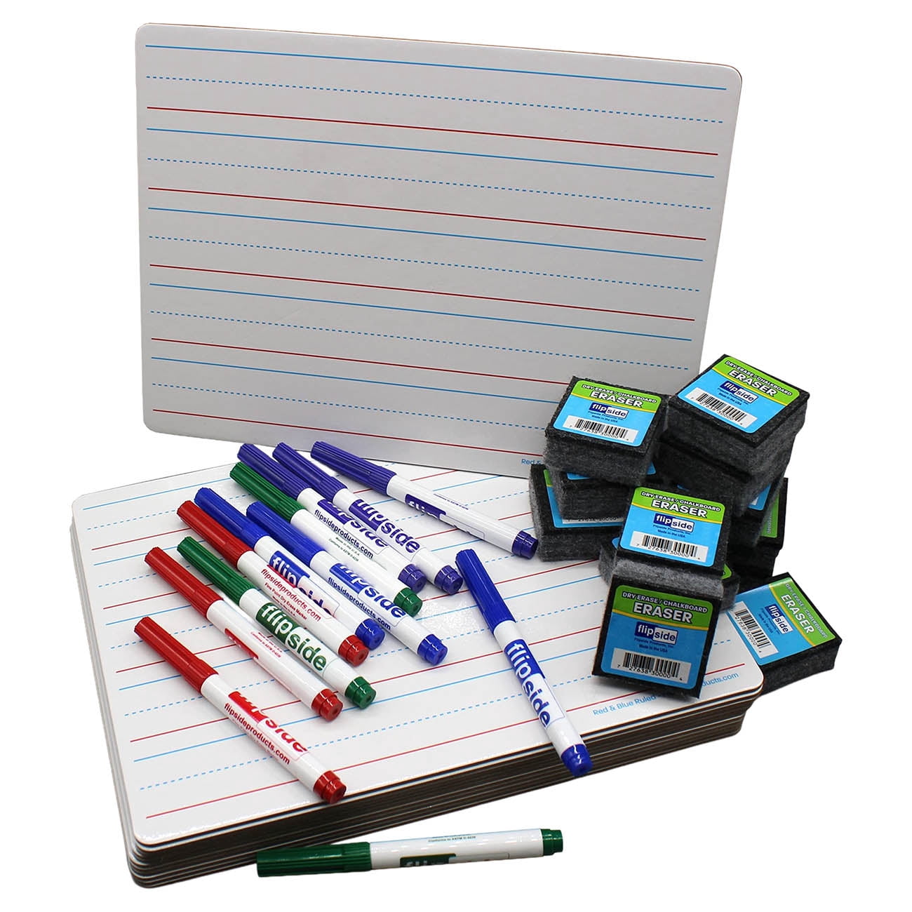 Flipside Products Two-Sided Dry Erase Boards, Red & Blue Ruled/Plain, 9" x 12", with Colored Pens & Student Erasers, Class Pack 12