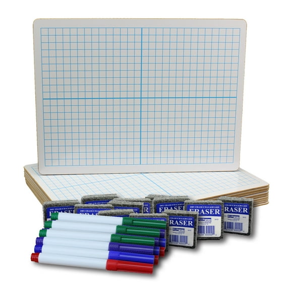 Flipside Products Two-Sided Dry Erase Boards, XY Axis/Plain, 9" x 12", with Colored Pens & Erasers, Class Pack of 12