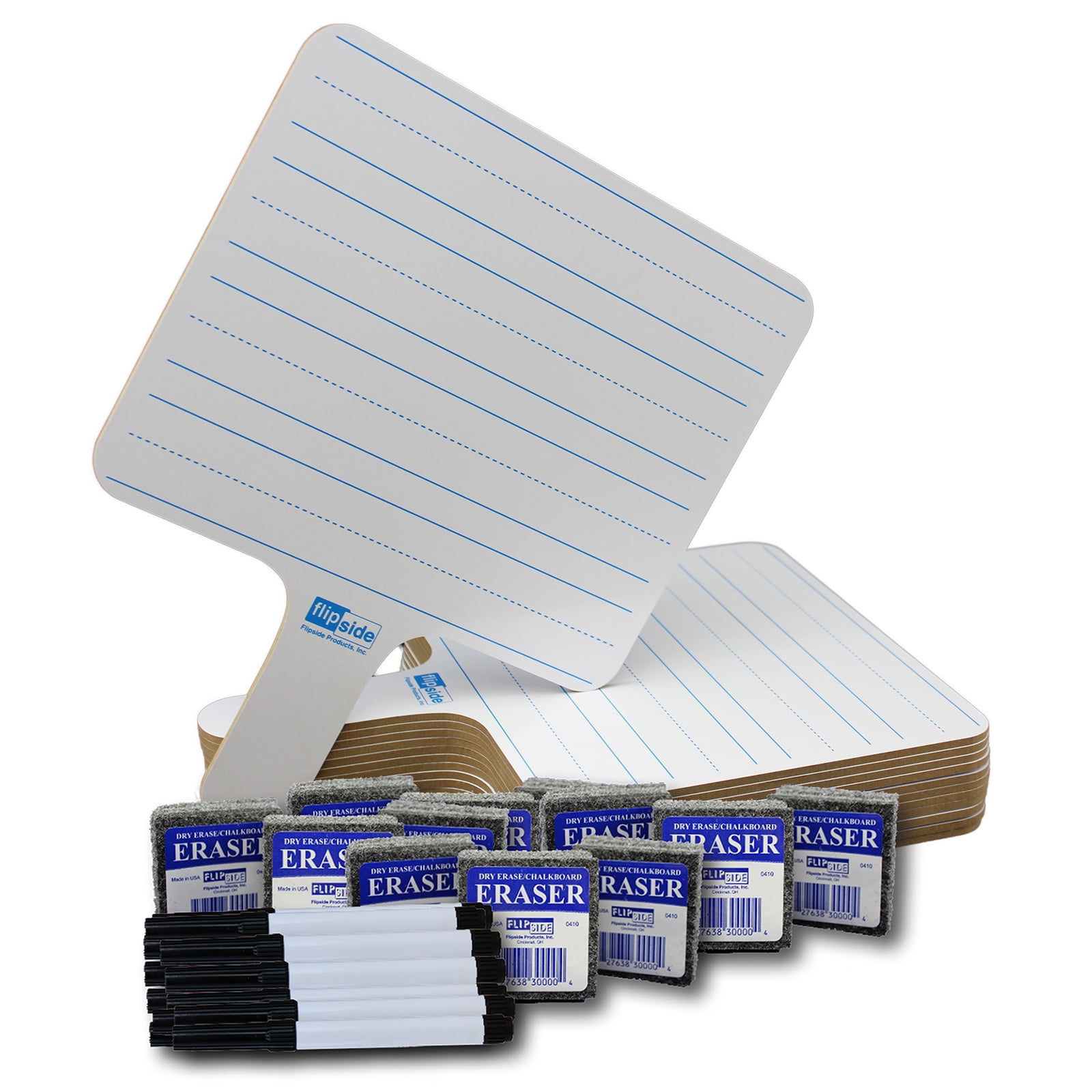 Flipside Products Two-Sided Rectangular Dry Erase Writing Paddles, Pens, and Erasers, Class Pack of 12