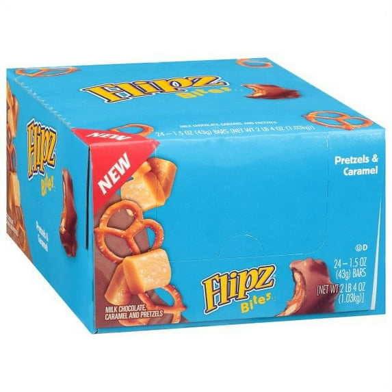 Flipz Bites Bar - Milk Chocolate, Caramel & Pretzels (1.5oz, 3-Piece Bar, 24 Count), Perfect Sweet, Salty, & Crunchy Sna