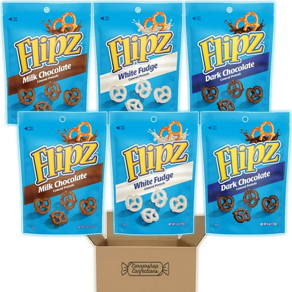 Flipz Lover's Chocolate Covered Pretzels Bulk Variety Pack - 6 Bags of Flipz Snacks - 2 Bags of Each Flavor - Milk Chocolate, White Fudge, Dark Chocolate in Cornershop Confections Protective Box