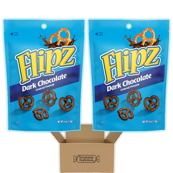 Flipz Lover's Dark Chocolate Covered Pretzels Bundle Share Pack - 2 Individually Sealed 4oz Freshness Bags of Flipz Dark Chocolate Covered Pretzels In Cornershop Confections Protective Box