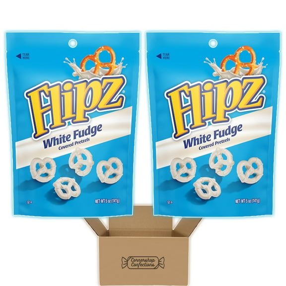 Flipz Lover's White Fudge Covered Pretzels Bundle Share Pack - 2 Individually Sealed 5oz Freshness Bags of Flipz White Chocolate Covered Pretzels In Cornershop Confections Protective Box