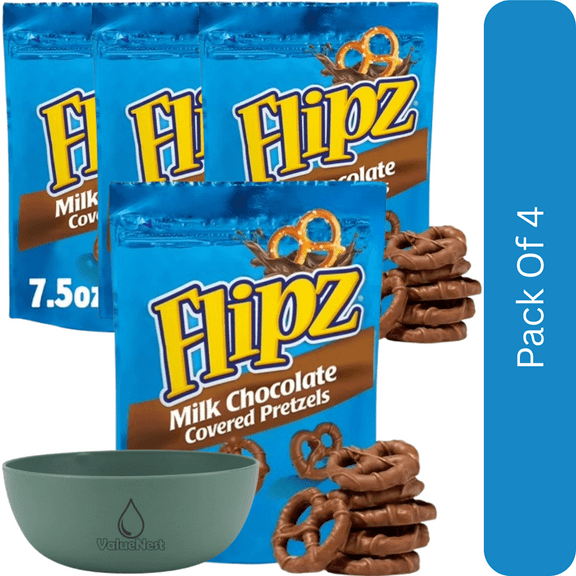 Flipz Milk Chocolate Covered Pretzels, 7.5 oz-4pk, With Olive Green Bowl By ValueNest