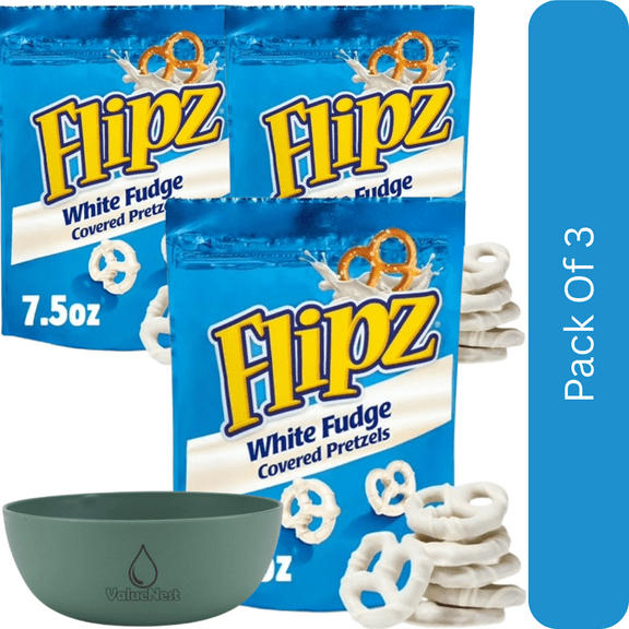 Flipz White Fudge Covered Pretzels, 7.5 oz-3pk, With Olive Green Bowl By ValueNest