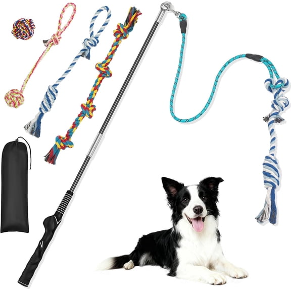 Flirt Pole for Dogs with 4 Rope Chew Toys, Dog Flirt Pole with Carry Bag for Outdoor Training and Exercise, Detachable Teaser Wand for Small, Medium Dogs