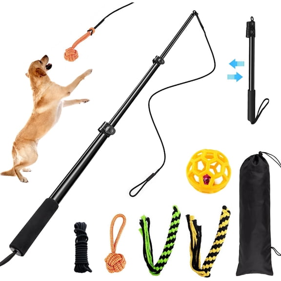 Flirt Pole for Dogs Heavy Duty  40" Extendable Aluminum Alloy Dog Teaser Pole for Large, Medium & Small Dogs, Dog Training Stick Toy for Exercise & Training, Includes 4 Replaceable Lures