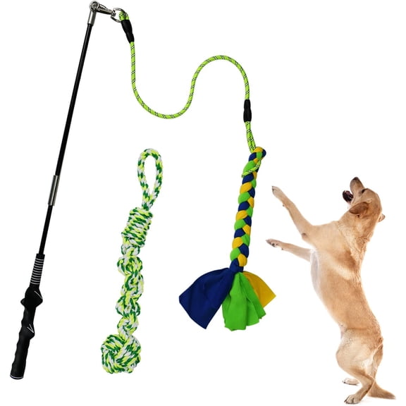 Flirt Pole for Dogs Heavy Duty, Interactive Chase & Tug of War Teaser Wand with Detachable Replacement Knot Ball and Rope Chewing Toys Flirt Stick for Small Medium Large Dogs Exercise & Training