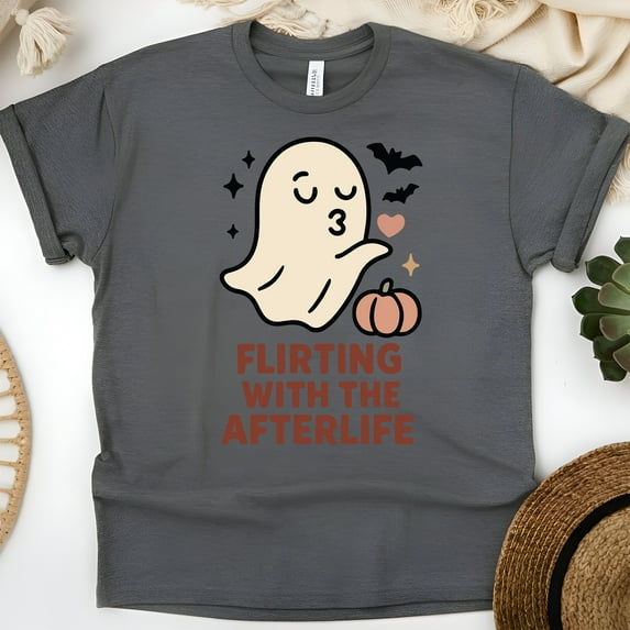 Flirting With The Afterlife Graphic Tee Funny Ghost Cartoon Shirt, Dark Heather, Size 2XL
