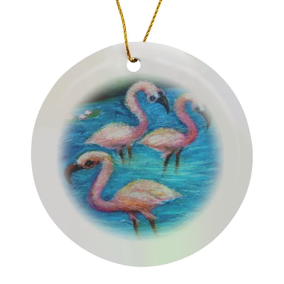3drose, Flirty Flamingos, Circle Porcelain Ornament