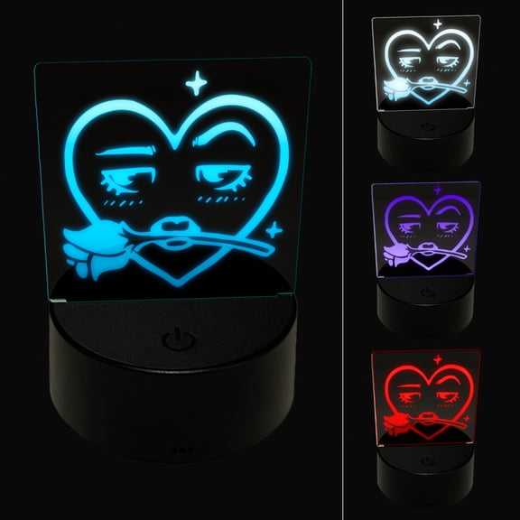 Flirty Heart Face with Rose in Teeth Mouth LED Night Light Sign 3D Illusion Desk Nightstand Lamp