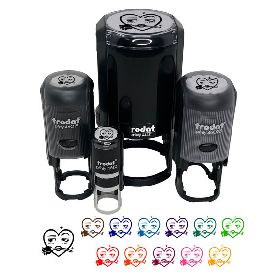 Flirty Heart Face with Rose in Teeth Mouth Self-Inking Rubber Stamp Ink Stamper - Black Ink - Mini 1/2 Inch