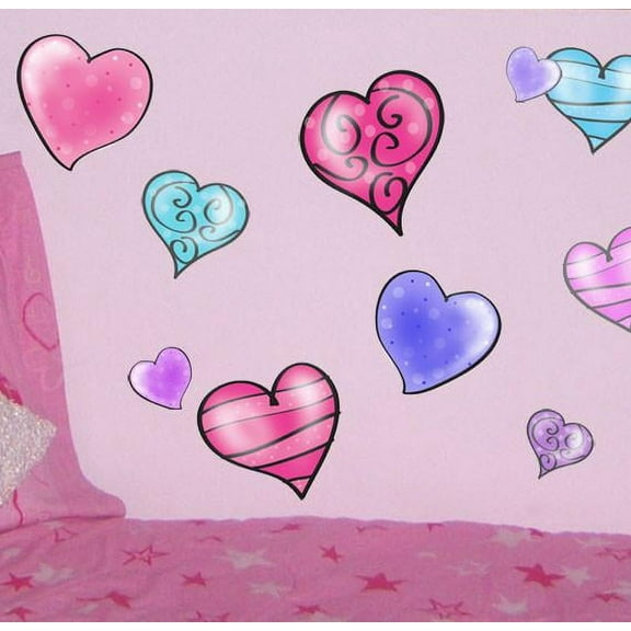 Flirty Hearts Wall Decal Stickers Girls Room Decor Includes 30 Heart Decals 1.5"-3.5"