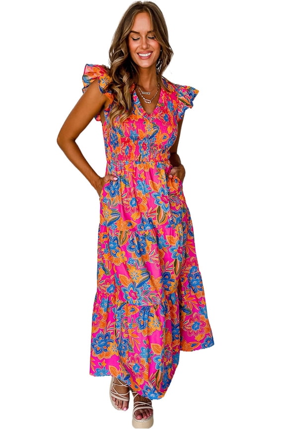 Flirty and Fun Rose Red Floral Maxi Dress with V-Neck and Ruffled Sleeves