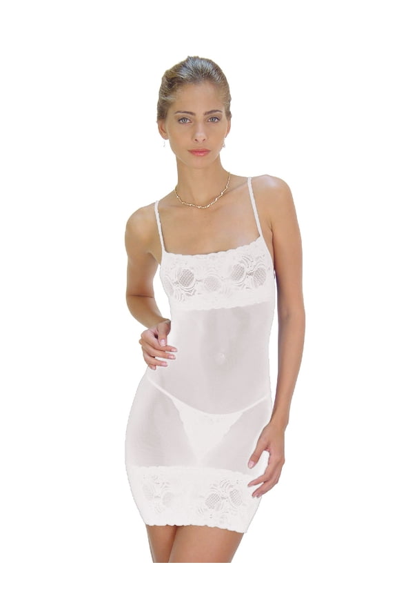 Sheer Chemise with Lace Trim & Matching Lace G-String, Mediuml - White