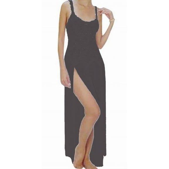 Flirtzy Soft Lace Sheer Fabric Gown Babydoll Chemise Lingerie Nightgown, Sleepwear with To-The-Waist Bodice and Matching Thong, Wedding, Anniversary, L, Black