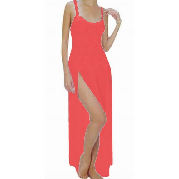 Flirtzy Soft Lace Sheer Fabric Gown Babydoll Chemise Lingerie Nightgown, Sleepwear with To-The-Waist Bodice and Matching Thong, Wedding, Anniversary, L, Red