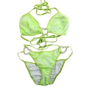 Flirtzy Womens Lace Monokini Bikini Set with Full-Back Coverage and Rhinestone Heart Accents, Adjustable Strappy Swimwear, Lime Green