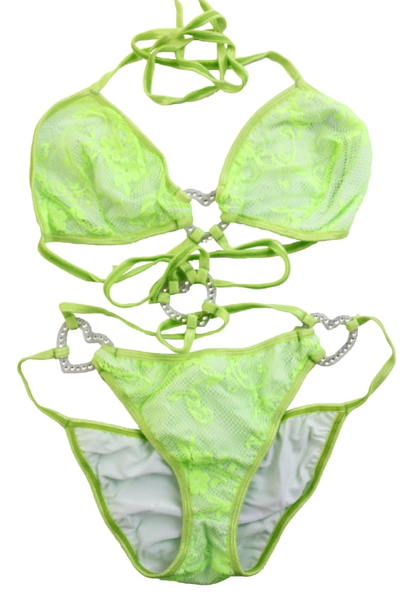 Spicyspot Lace Full Back Lined Monokini Bikini Set Swimsuit with Rhinestone Heart Accents, Strappy Bikini Set, Wear as Bikini or Lingerie, O/S, Lime Green