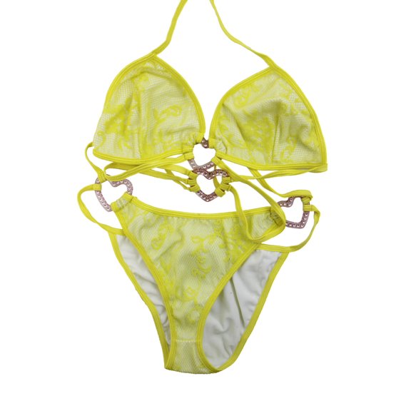 Flirtzy Women's Lace Monokini Bikini Set with Full-Back Coverage and Rhinestone Heart Accents, Adjustable Strappy Swimwear, Neon Yellow