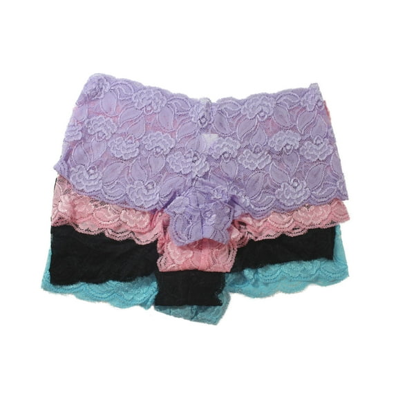 Flirtzy Stretchy Floral Lace Tanga Panty Boy Shorts Underwear, S/M, 4 Pack, Baby Blue, Black, Pink