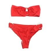 Flirtzy Swimear Bikini Set Sexy Strapless Bandeau Tube Top Bottoms Coverage with Cheek Peak - Red with Silver Cirlce Accents