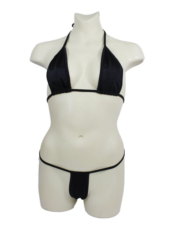 Teeny Micro Mini Thong and String Top Bikini Brazilian Swimwear Mini Bikini Swimsuit G-String, One Size, Black