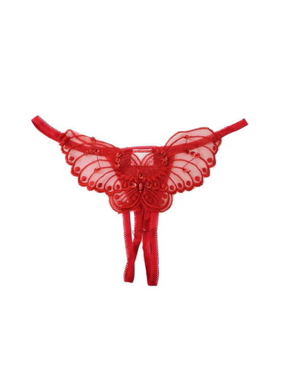 Women’s Sheer Butterfly Applique Thong with Pearl and Sequin Details, , Red