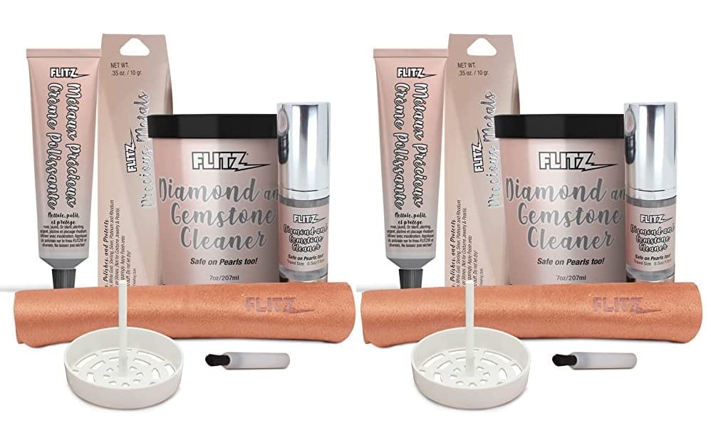 Flitz Jewelry Cleaner Kit – Safely Cleans + Restores Shine to Gold, Diamonds, Sterling Silver, Platinum, Pearls and More – Cleaning Brush, Jewelry Basket, Suede Applicator Included (2-Pack)