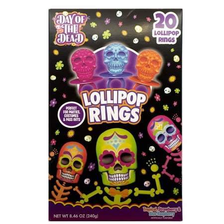 Flix Candy Halloween, Day of The Dead Lollipop Rings, Assorted Flavors, 20 Count Box