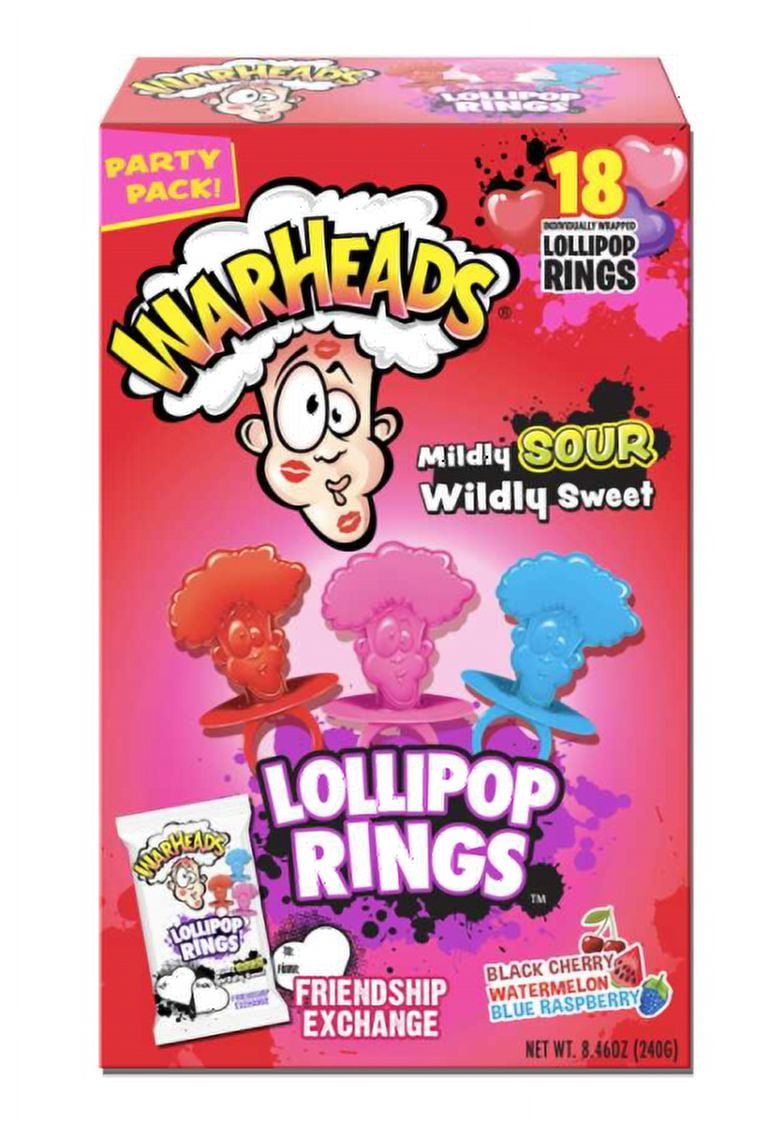 Flix Valentine's Day Lollipop Ring, WarHeads Sour & Sweet Fruity Hard Candy Ring Pops 18 Count
