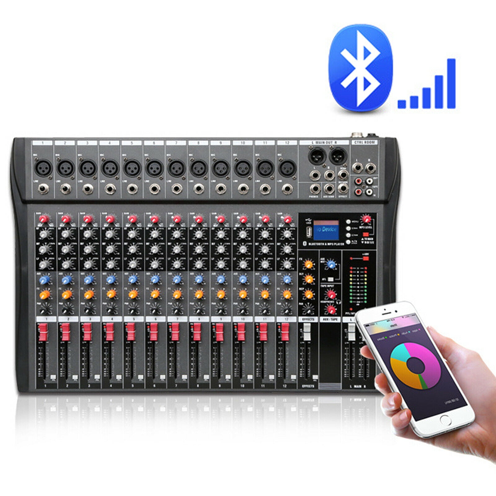 Flkoendmall 12 Channels Audio Mixer Bluetooth USB DJ Sound Mixing Console Studio
