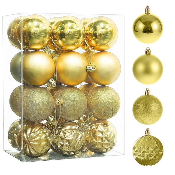Fllostpr 24PC Electroplated Christmas Ball Ornaments, Shatterproof Hanging Decor Set for Xmas Tree Wreath Garland Party Indoor, Gold 1.2"
