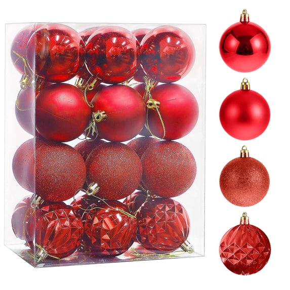 Fllostpr 24PC Electroplated Christmas Ball Ornaments, Shatterproof Hanging Decor Set for Xmas Tree Wreath Garland Party Indoor, Red 1.2"