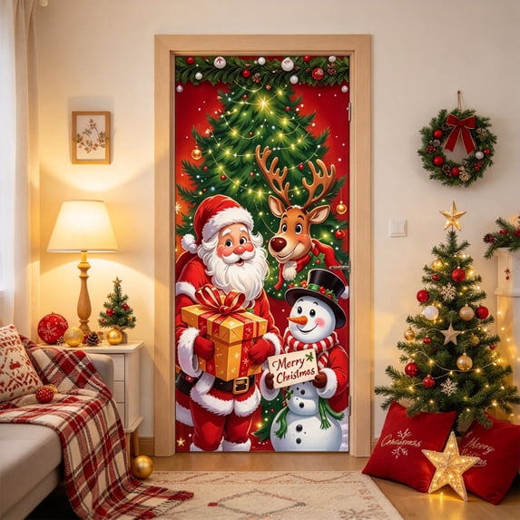 Fllostpr 35.4x70.8" Christmas Santa Door Cover, Four Corner Perforations Hanging Fabric Background Curtain for Xmas Party Entryway Kitchen